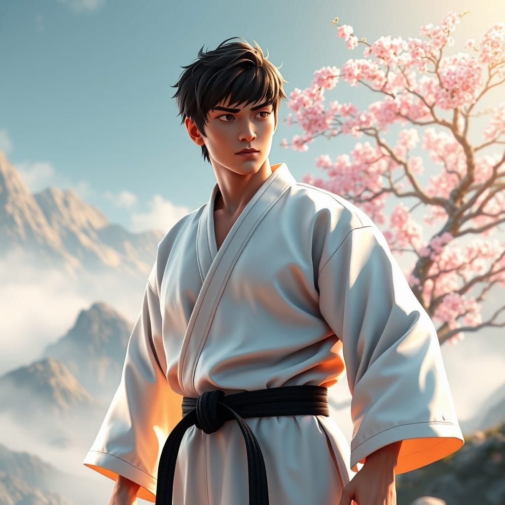 Anime Karate Master in Serene Mountain Landscape