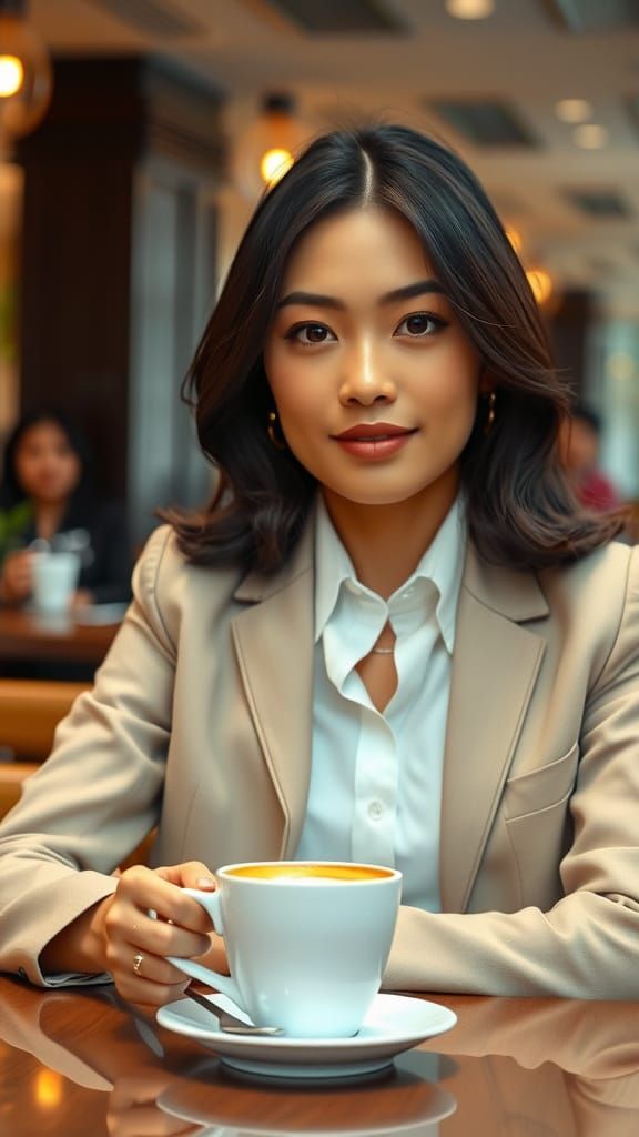 Confident Indonesian Executive Savoring Coffee in Photoreali...