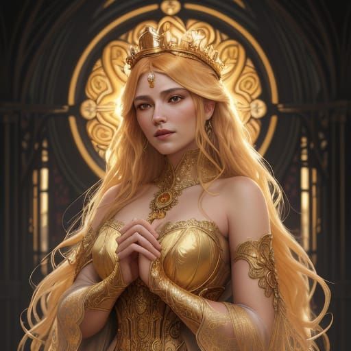 Noblewoman Crowned with Golden Sun Filigree in Gothic Style