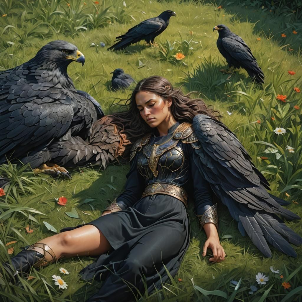 Warrior woman sleeping on the grass. A black eagle sits near...