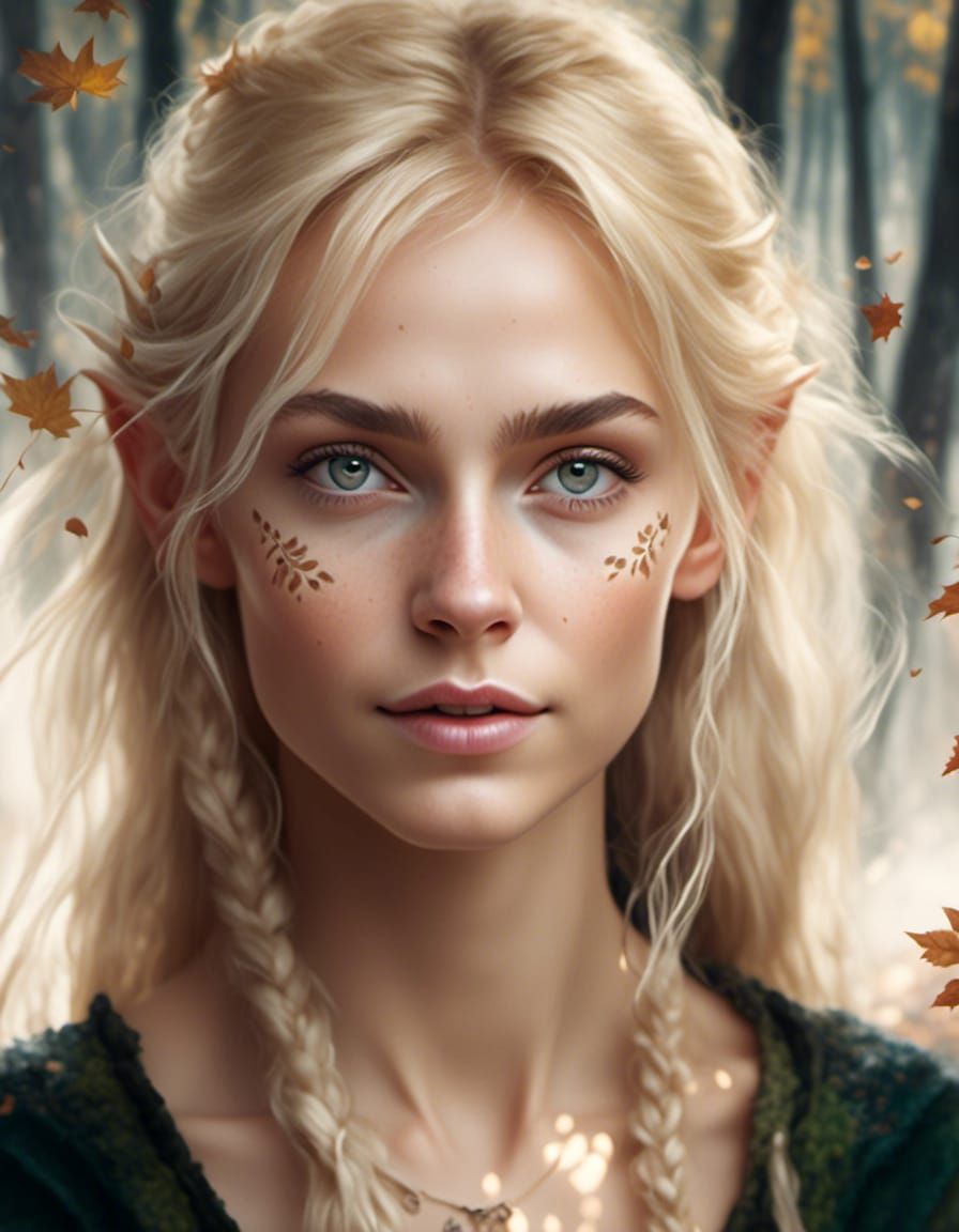 Hyperrealistic Portrait of a Blonde Elf in Autumn Forest