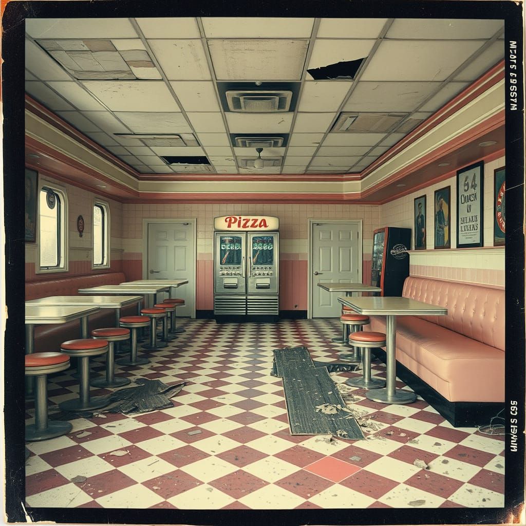Dingy Abandoned Pizza Diner in a Polaroid Style
