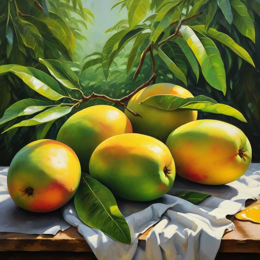 Fresh Mangoes Still Life in Gouache Impasto Style