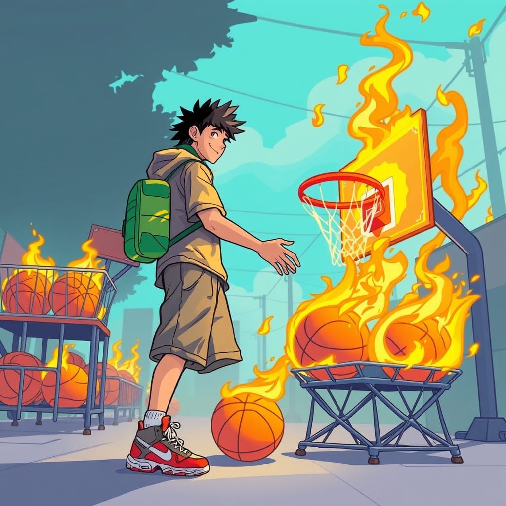 Gojo Buys Flaming Basketballs: Stylized Digital Art