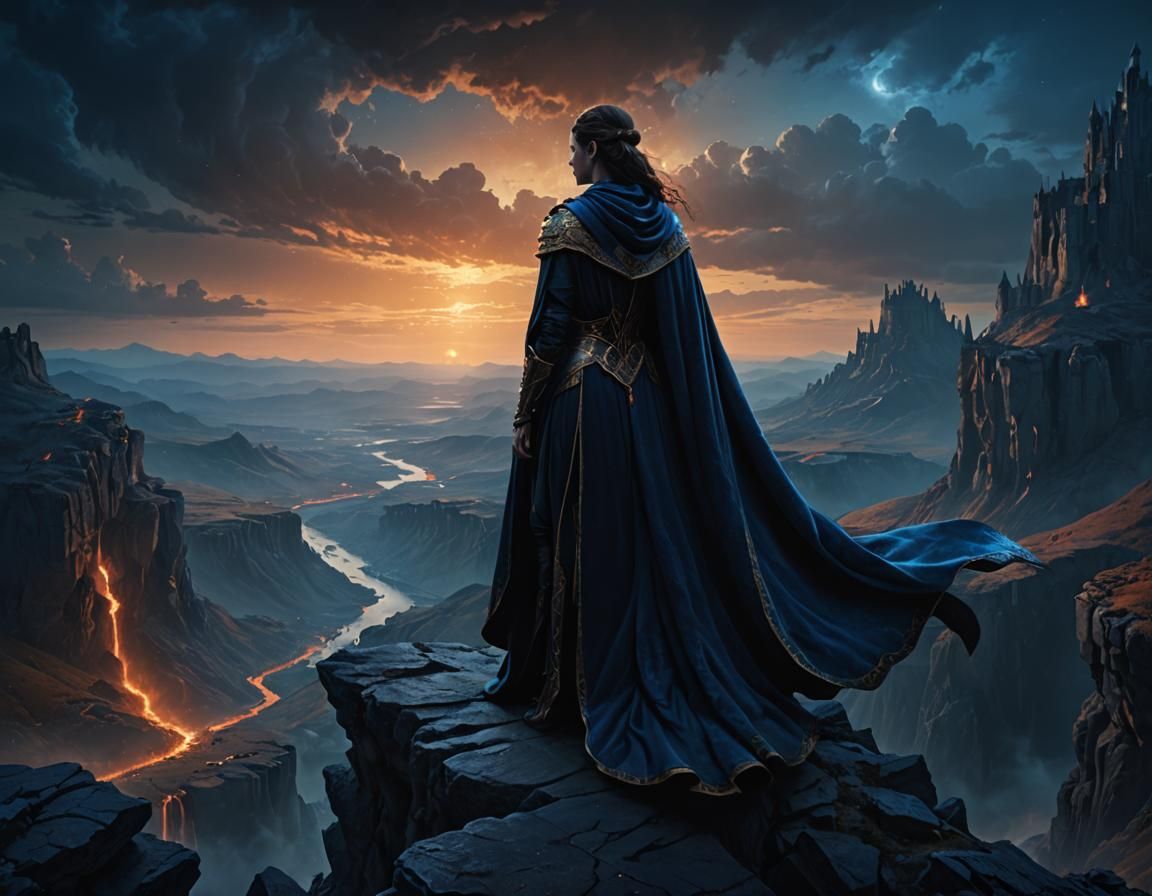 Ancient Warrior Queen Overlooks Mystical Starless Landscape