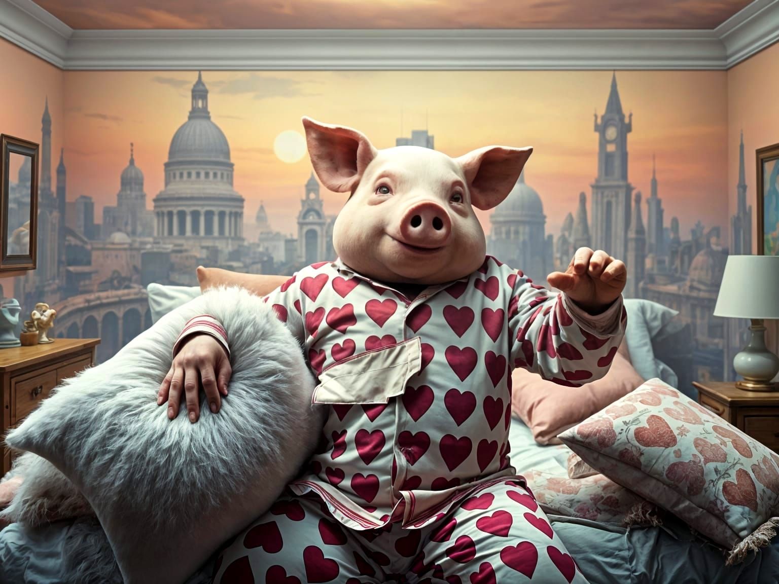 Surreal Pig-Headed Man's Whimsical Pillow Fight