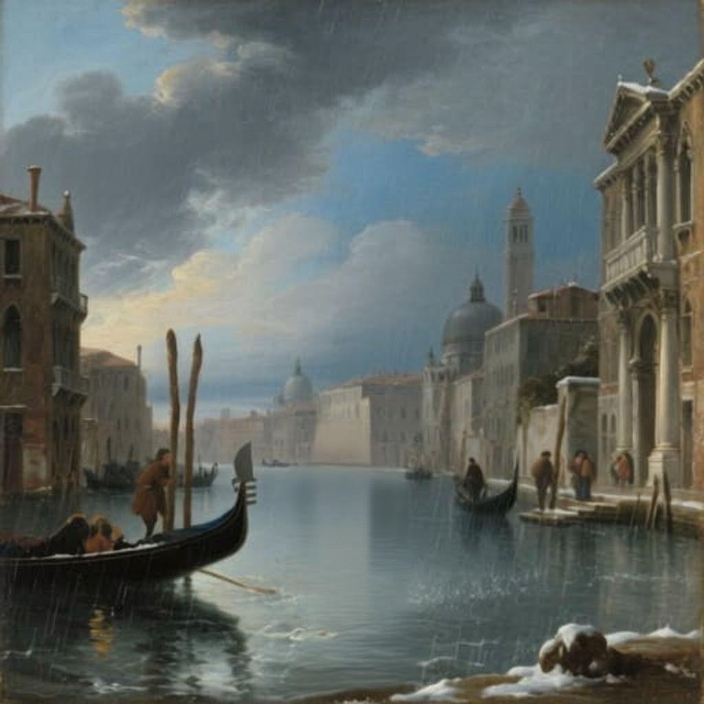 Venice Canal in Winter Rain, Baroque Oil Painting
