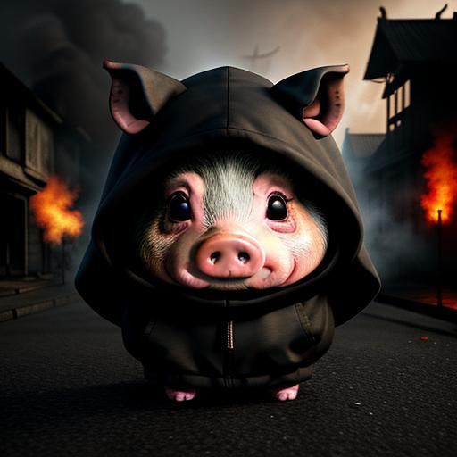 Flaming Chibi Pig in Apocalyptic Cityscape
