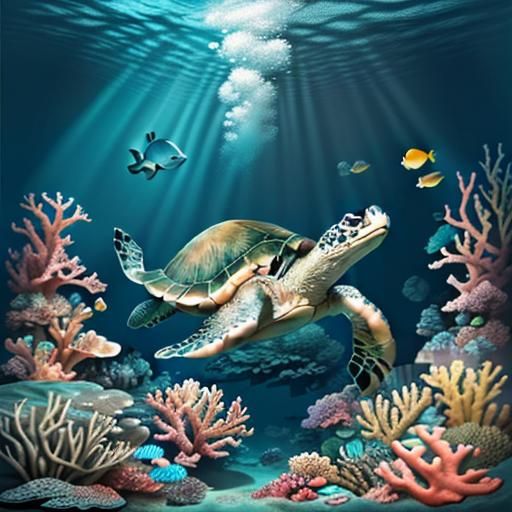 "A majestic underwater scene in cartoonrealism. A giant, rea...