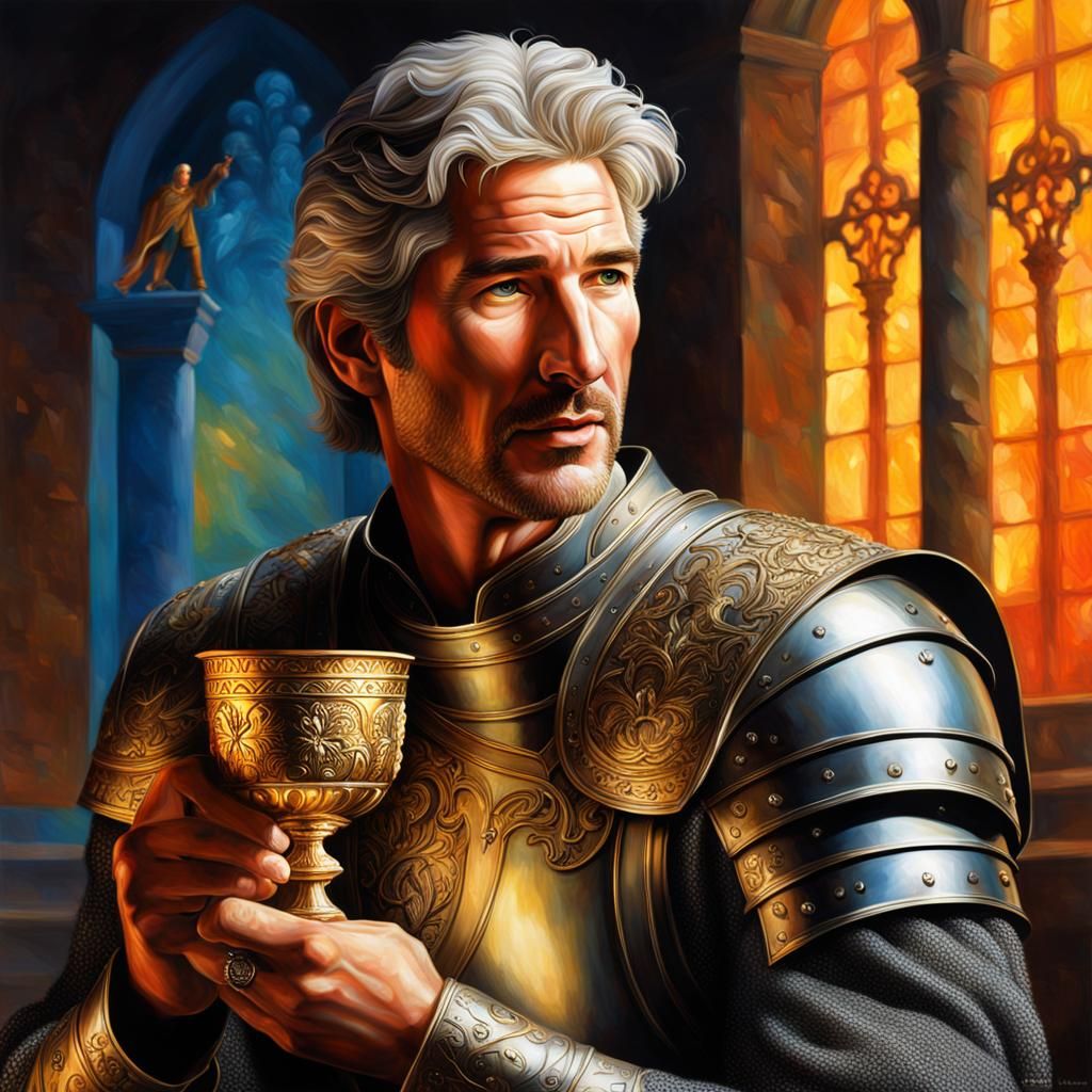 Knight Holds Holy Grail in Hyperrealistic Splash Art