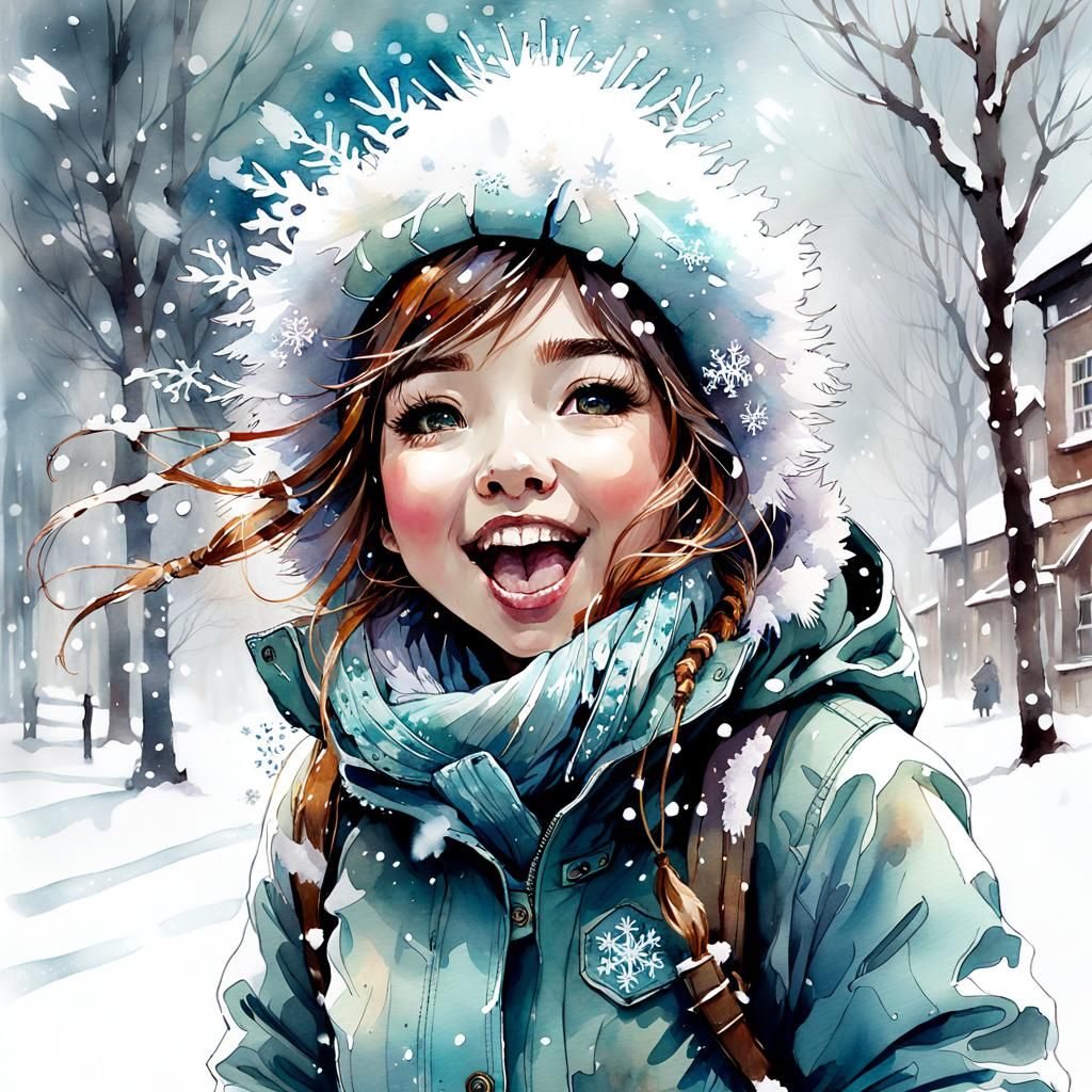 Chibi Girl Catches Snowflakes in Watercolor Style