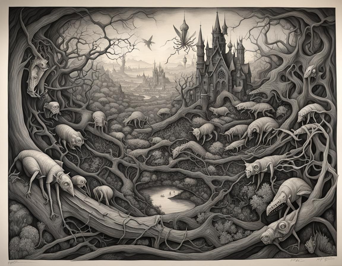Surreal Grayscale Landscape by Bosch, Giger, and Escher