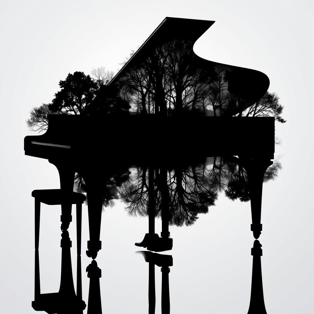 Surrealist black and white silhouette of a piano, with trees and their reflection forming the body, evoking an artistic ...