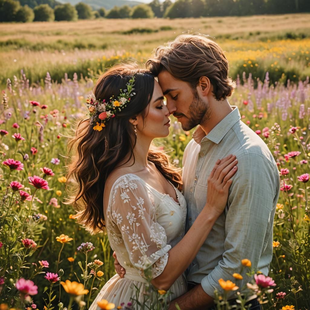 Couple Kissing in Wildflower Field: Romantic Portrait