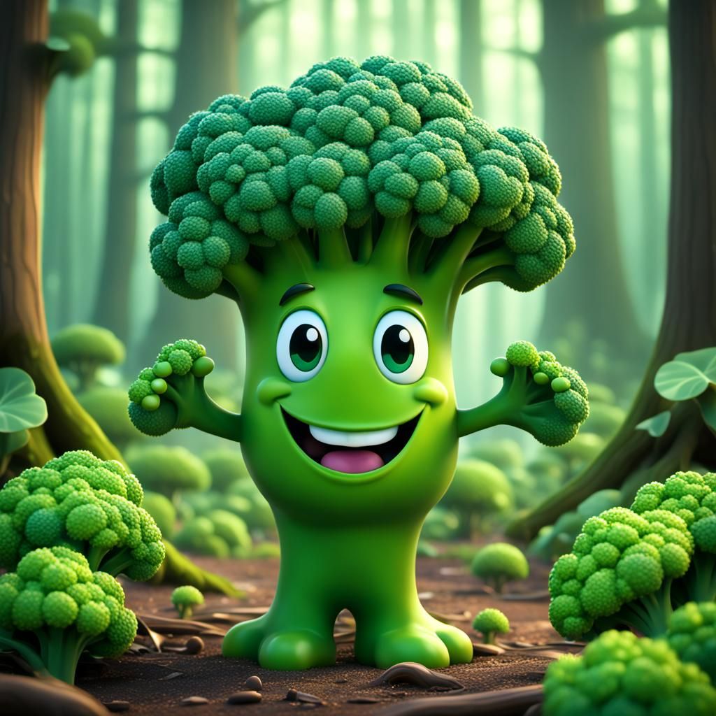 Cute Pixar Broccoli in Forest with Bokeh