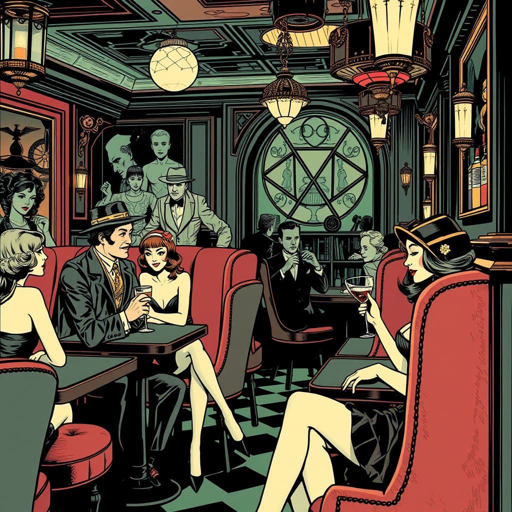 Roaring 20s Speakeasy Scene in Comic Book Art Style