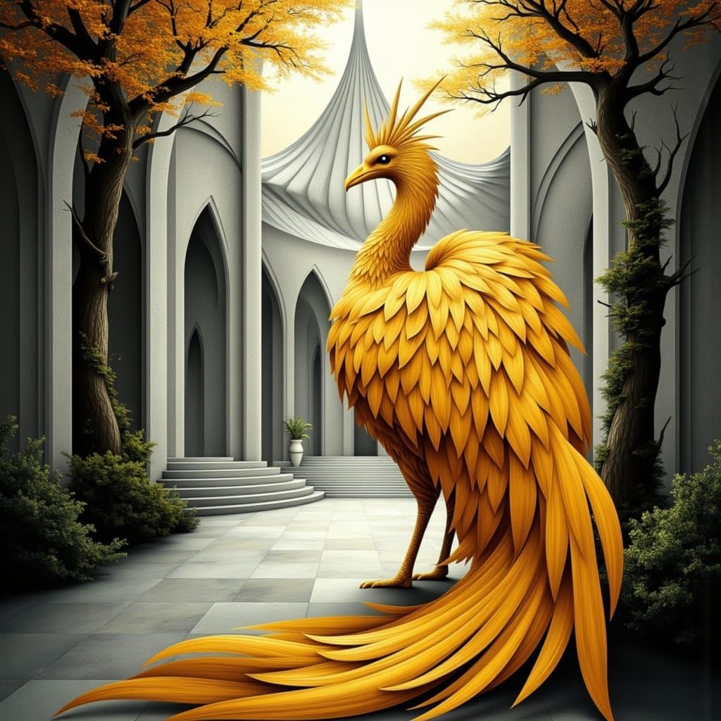 Golden Phoenix in Cathedral Courtyard, Acrylic Painting