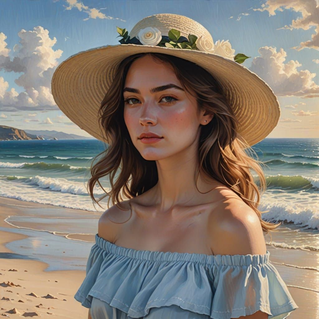 Young Woman on Beach with Roses: Oil Painting