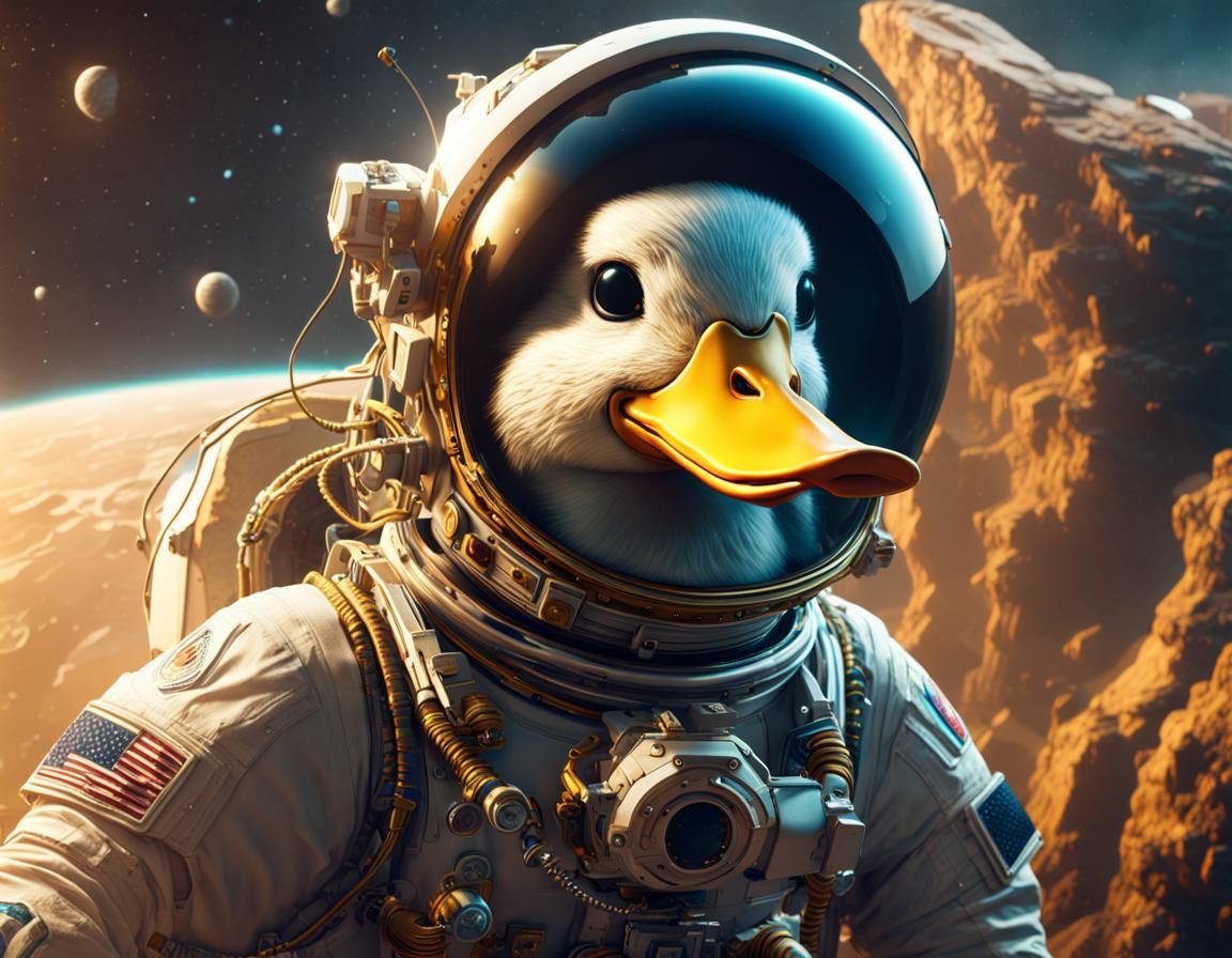 Duck Astronaut in Golden Suit: Detailed Digital Painting