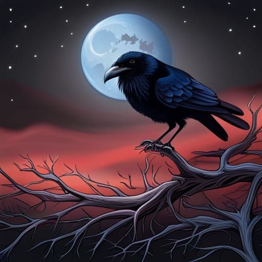 Raven on Branch Under Moonlight: Fantasy Illustration