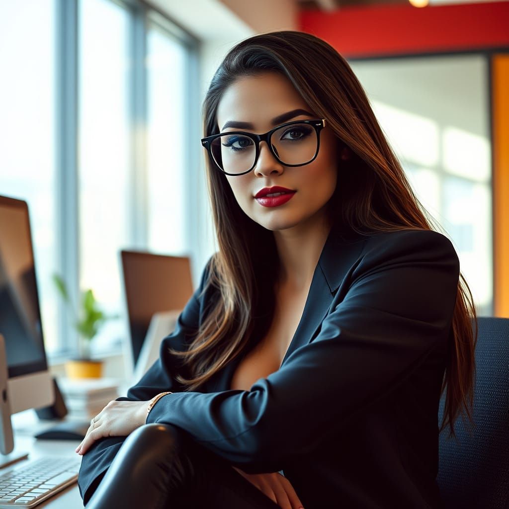 Elegant Secretary in Latex Pants in Modern Office