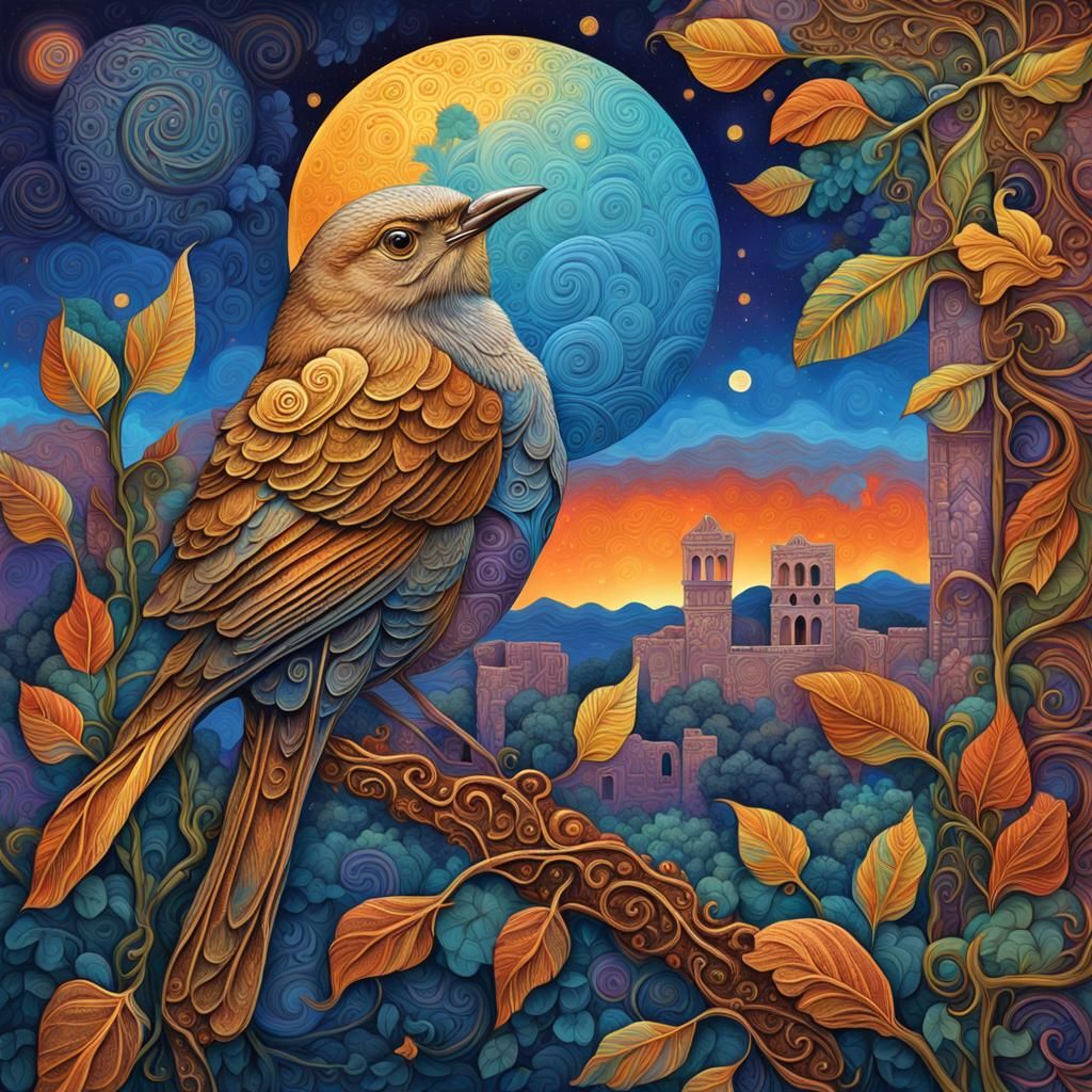 Nightingale in Astral Dreamscape: Visionary Art