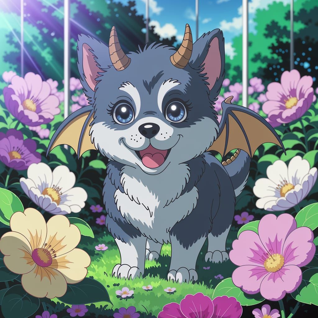 Anime-Inspired Dragon Puppy in a Vibrant Flowerbed