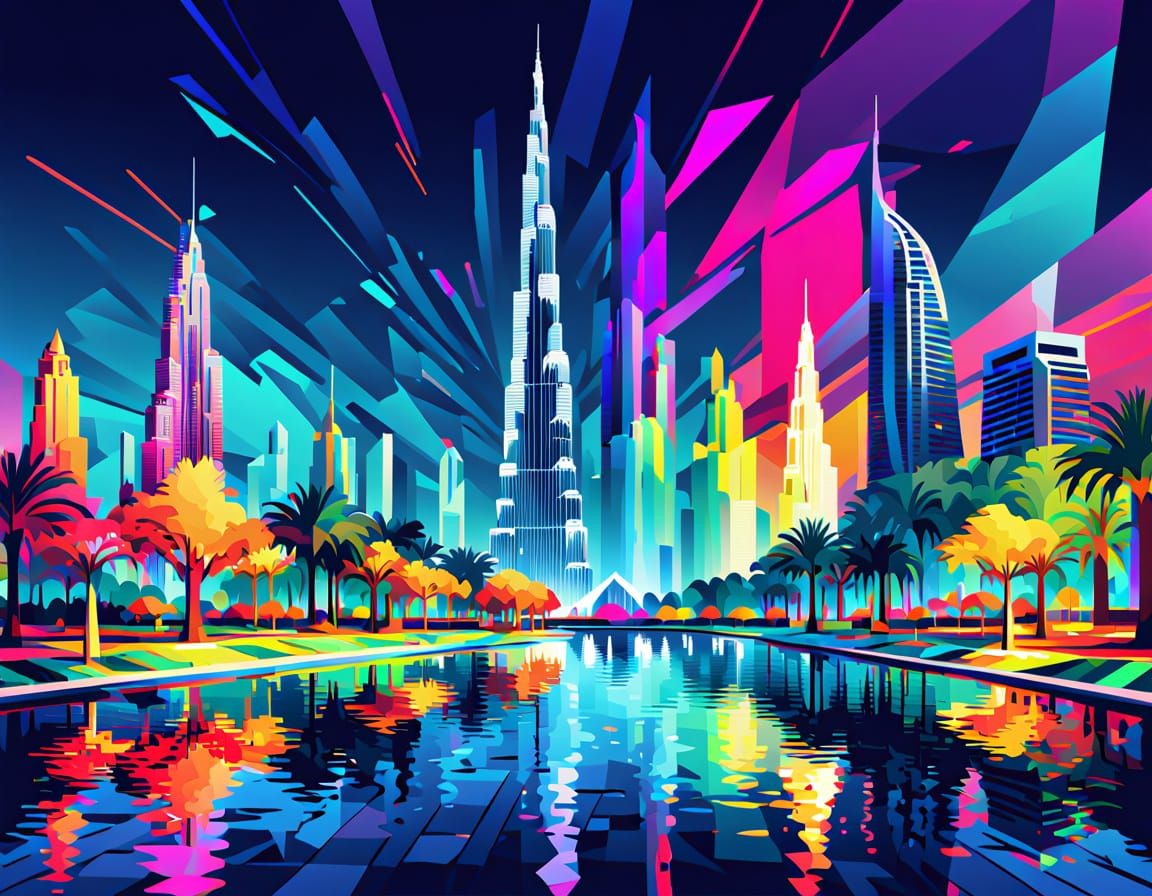 Burj Khalifa and Fountains in Geometric Pop Art Style