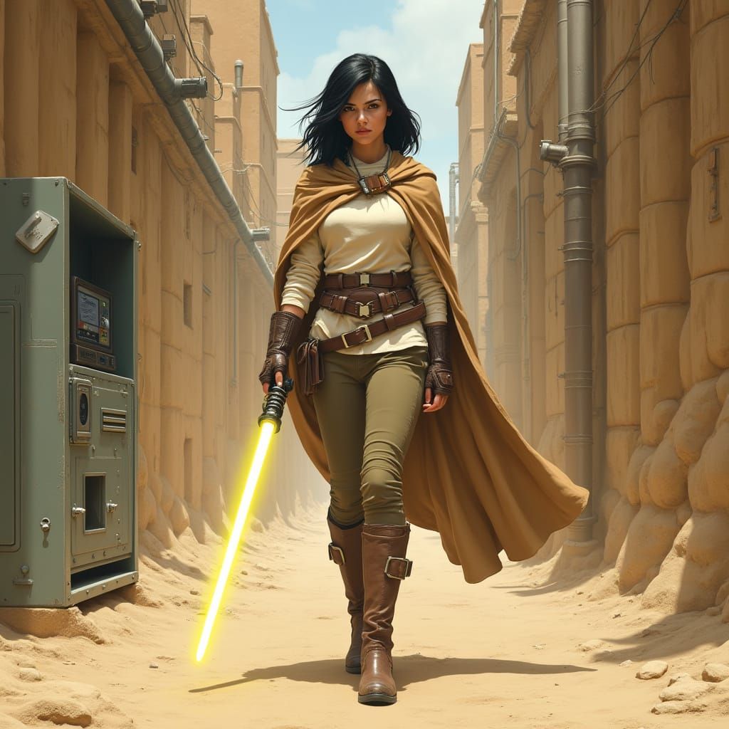 Dystopian Woman with Lightsaber in Hyperrealistic Style