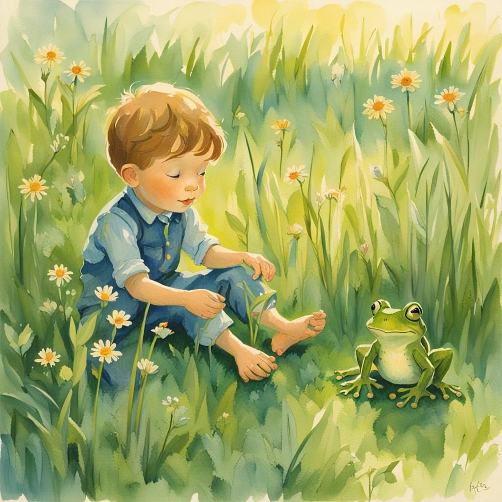 Boy and Frog in Evening Light, Naive Art