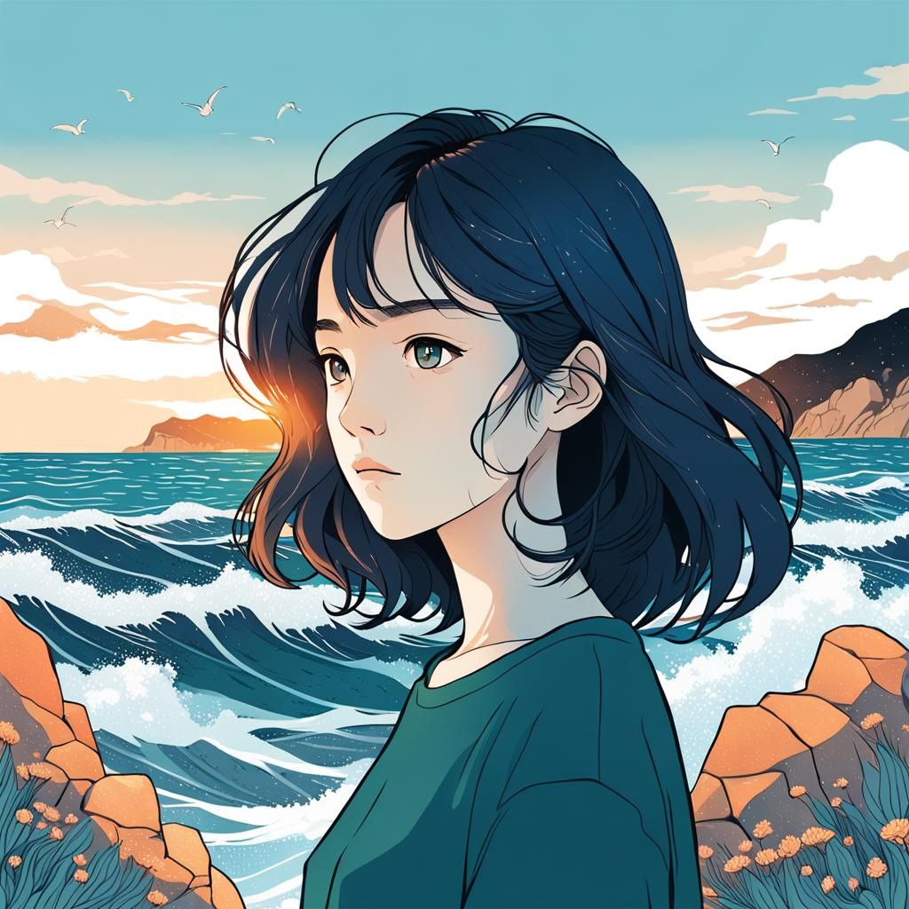 Manhwa-Style Portrait with Coastal Landscape Double Exposure