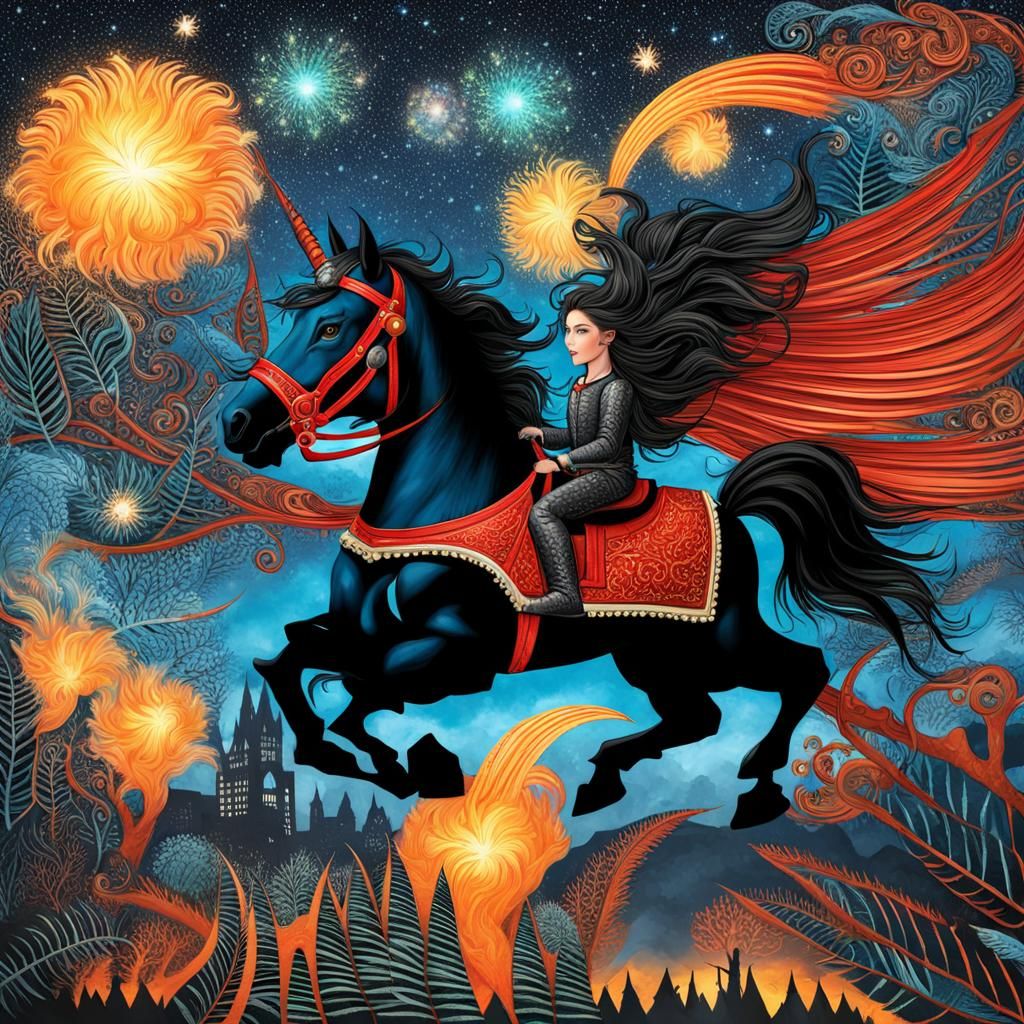 Fantasy Rider on a Black Unicorn