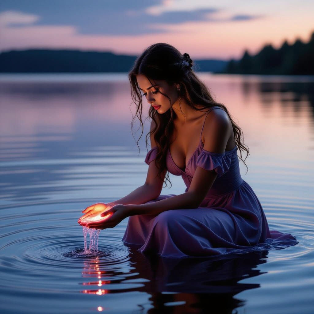 Vasilissa Kneeling in Obsidian Shallows as Sumi-e Ink Art