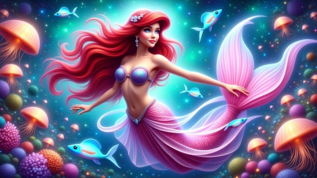 Ariel's Cosmic Sea Kingdom: Double Exposure Digital Art