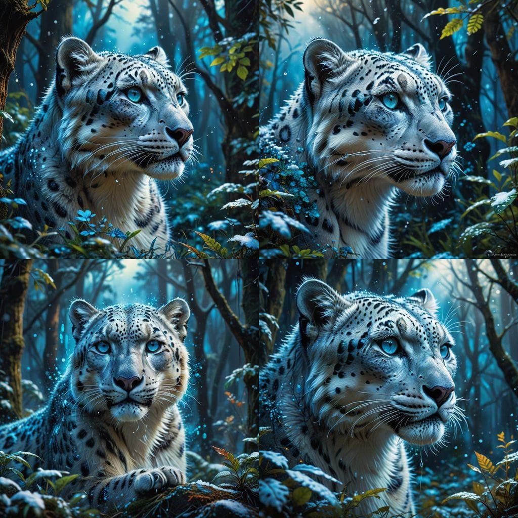 Snow Leopard with Glowing Tribal Markings in Snowy Forest