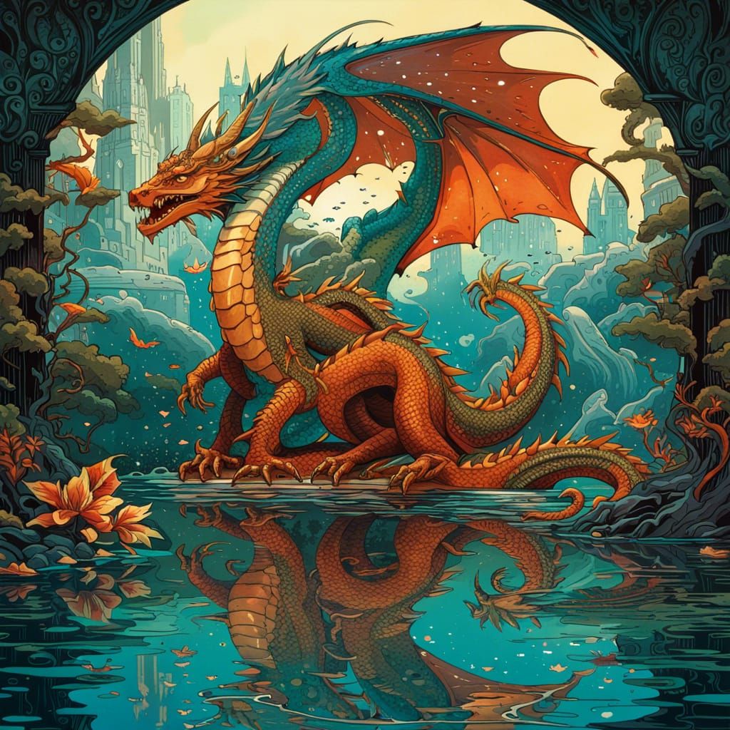 Dragon Gazing at Mirrored Reflection