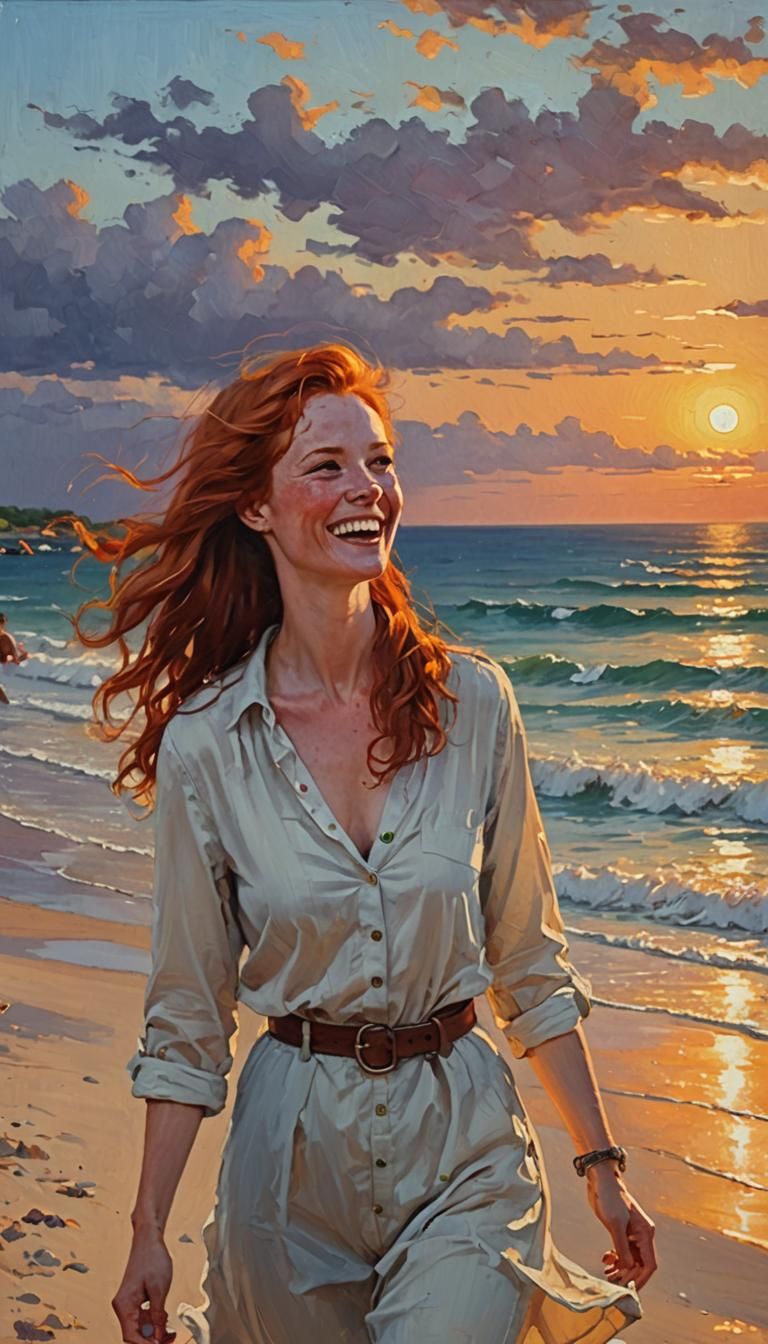 Cheerful Redhead Woman Captured at Sunset