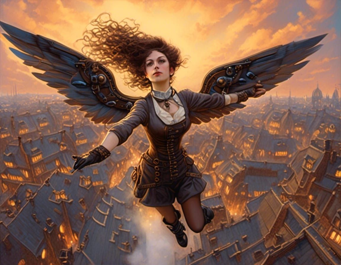 Steampunk Woman Soaring with Artificial Wings