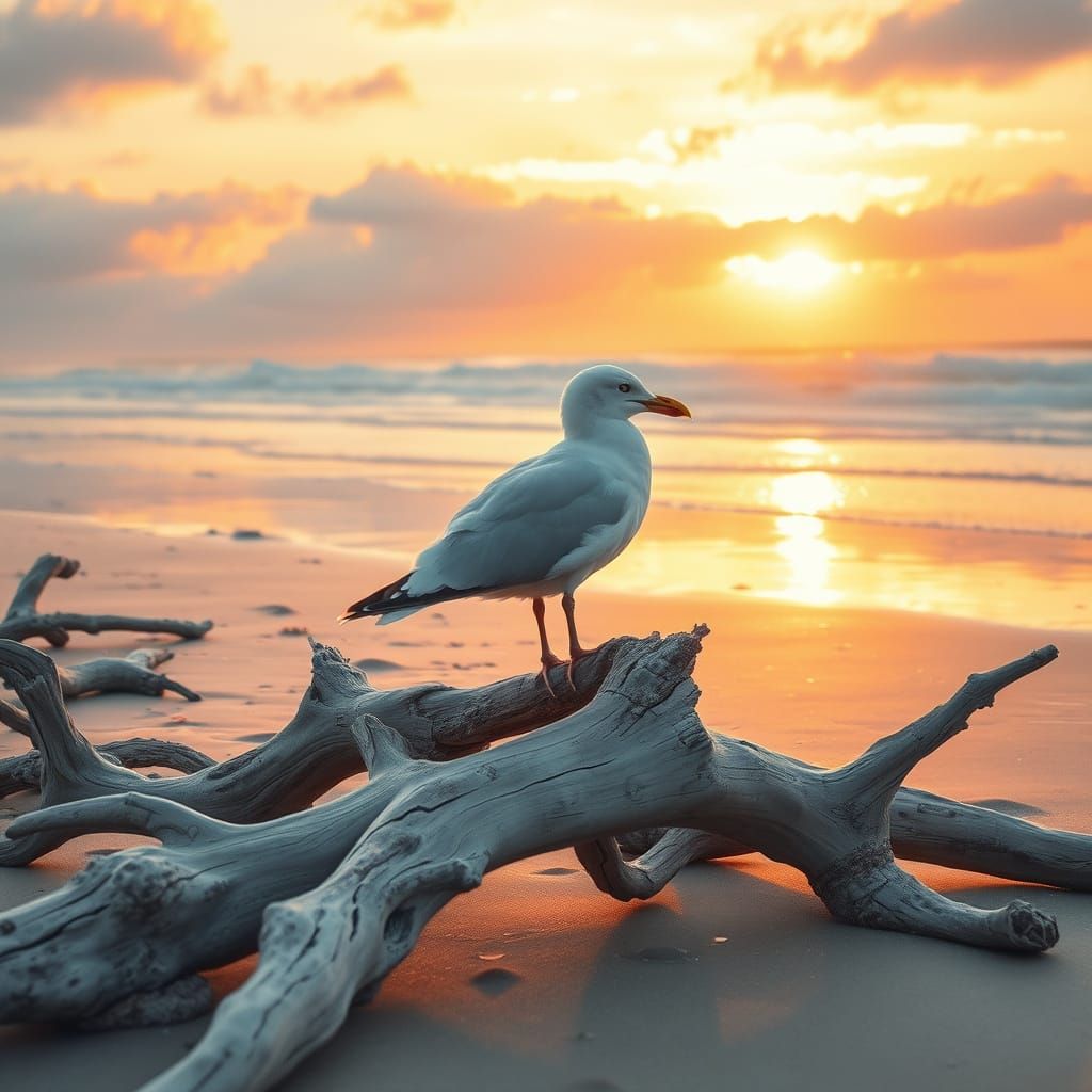 Seagull Perched on Driftwood in Golden Beach Light