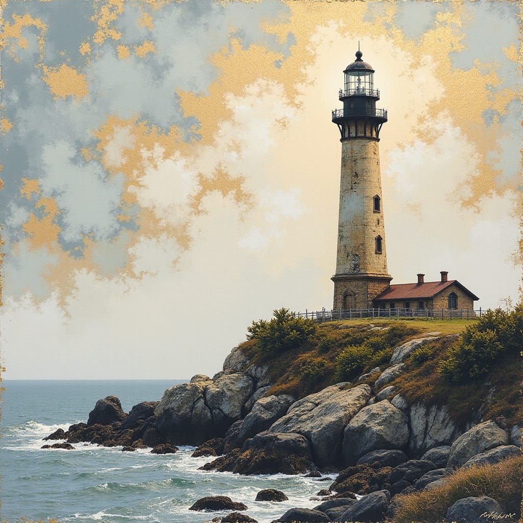Lonely Lighthouse Line Art with Gold Leaf Alcohol Ink