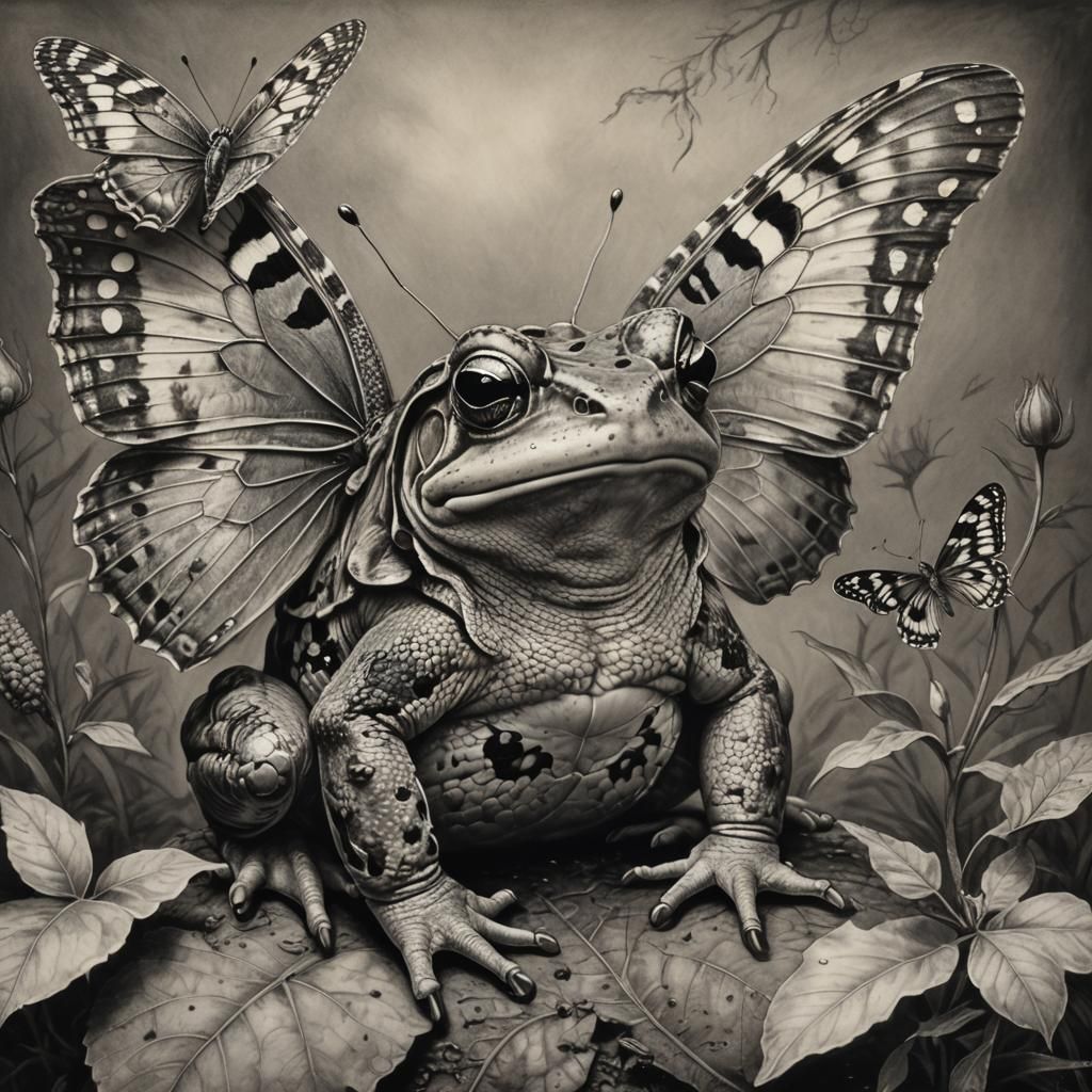 Butterfly-Winged Toad: Hyperdetailed Charcoal Drawing