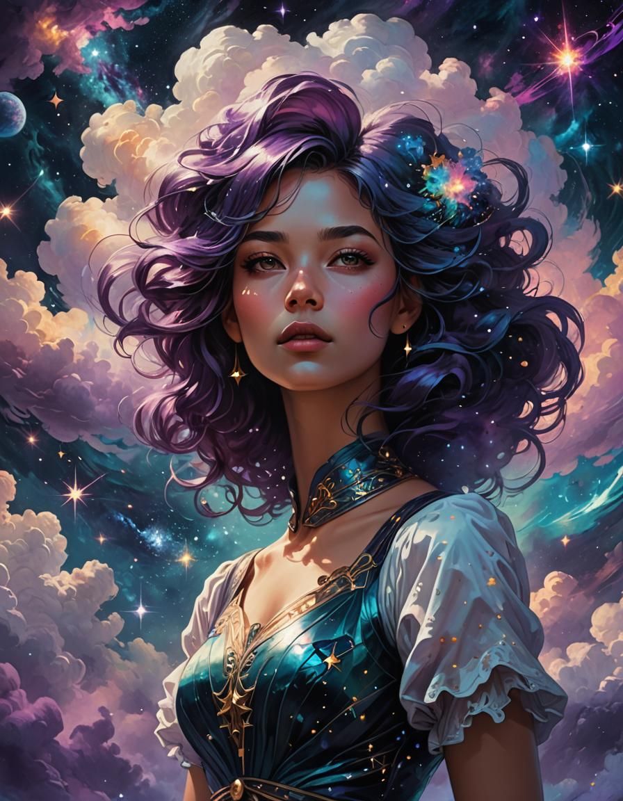 Ethereal Girl in Cloud Dress Against Starry Galaxy