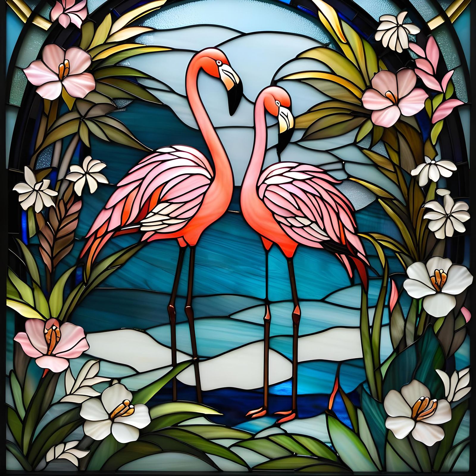 Stained Glass Pink Flamingos in Art Deco Style