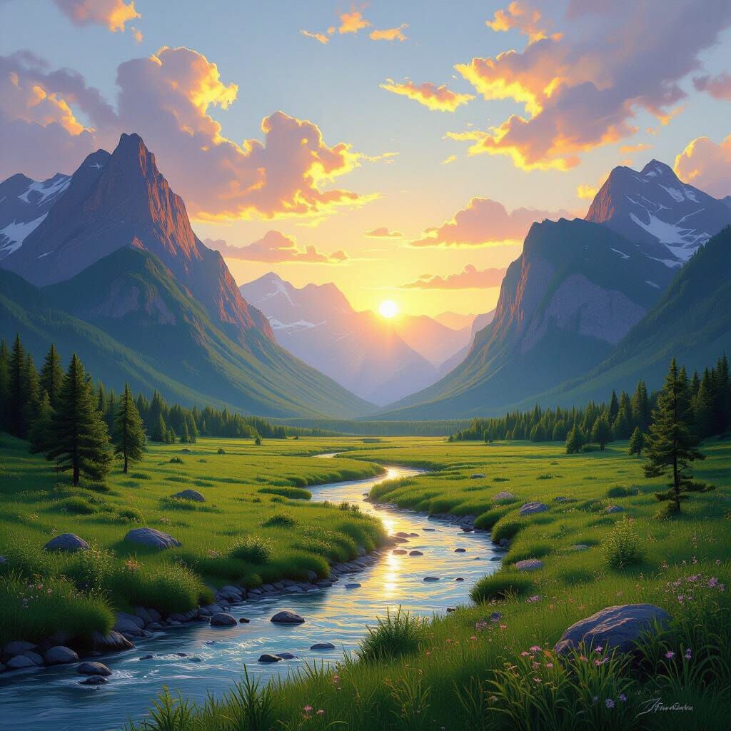 Majestic Mountain Valley at Sunset in Romantic Landscape Sty...