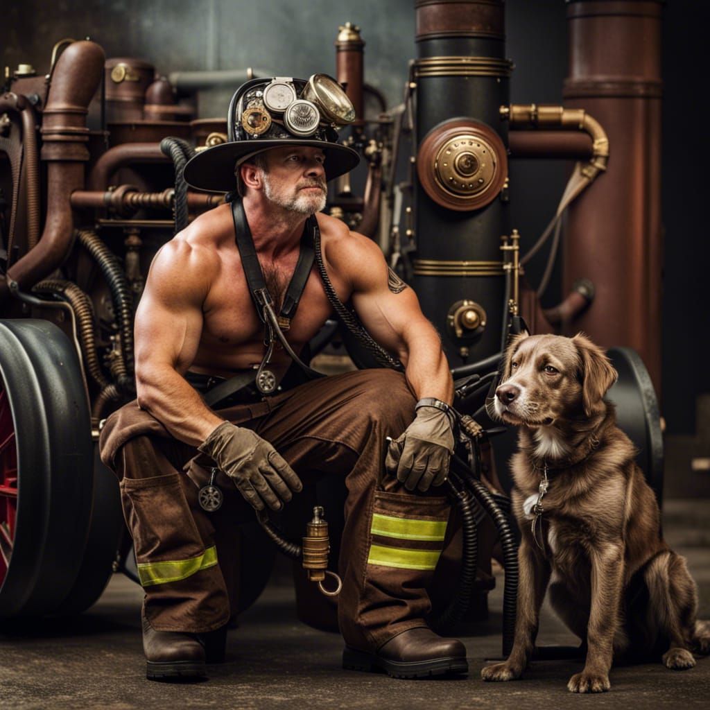 Shirtless Firefighter and Dog with Steampunk Engine