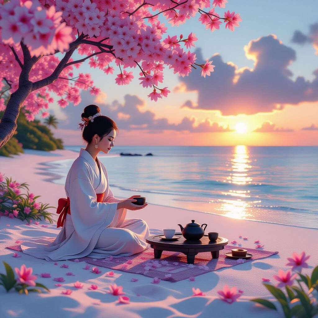 Maldives Tea Ceremony at Sunset in Hyperrealism