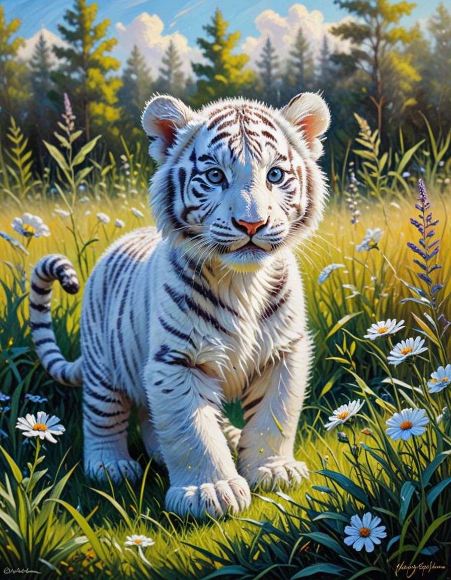 A cute and curious white Siberian tiger cub explores a sunny...