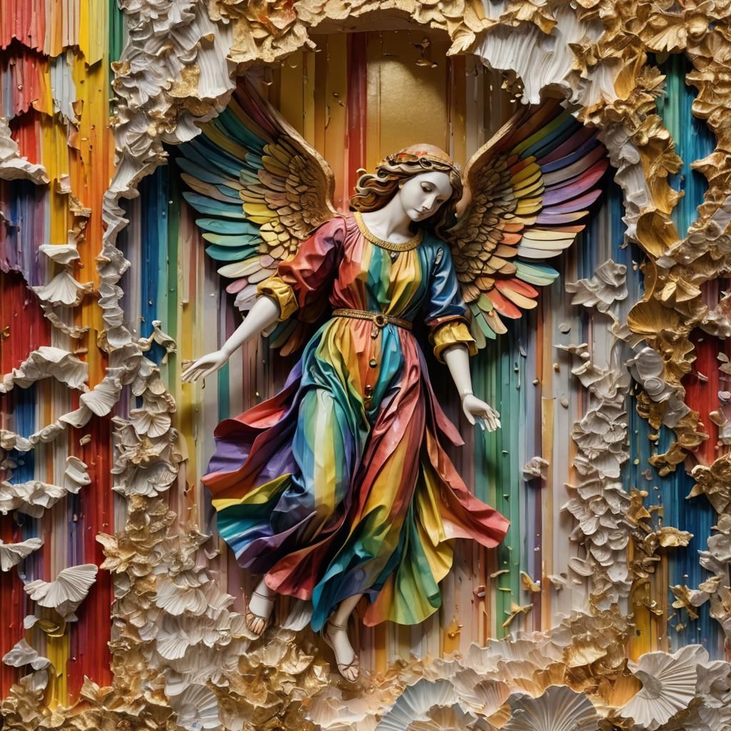 Hyperdetailed Rainbow Paper Sculpture of an Angel's Demise
