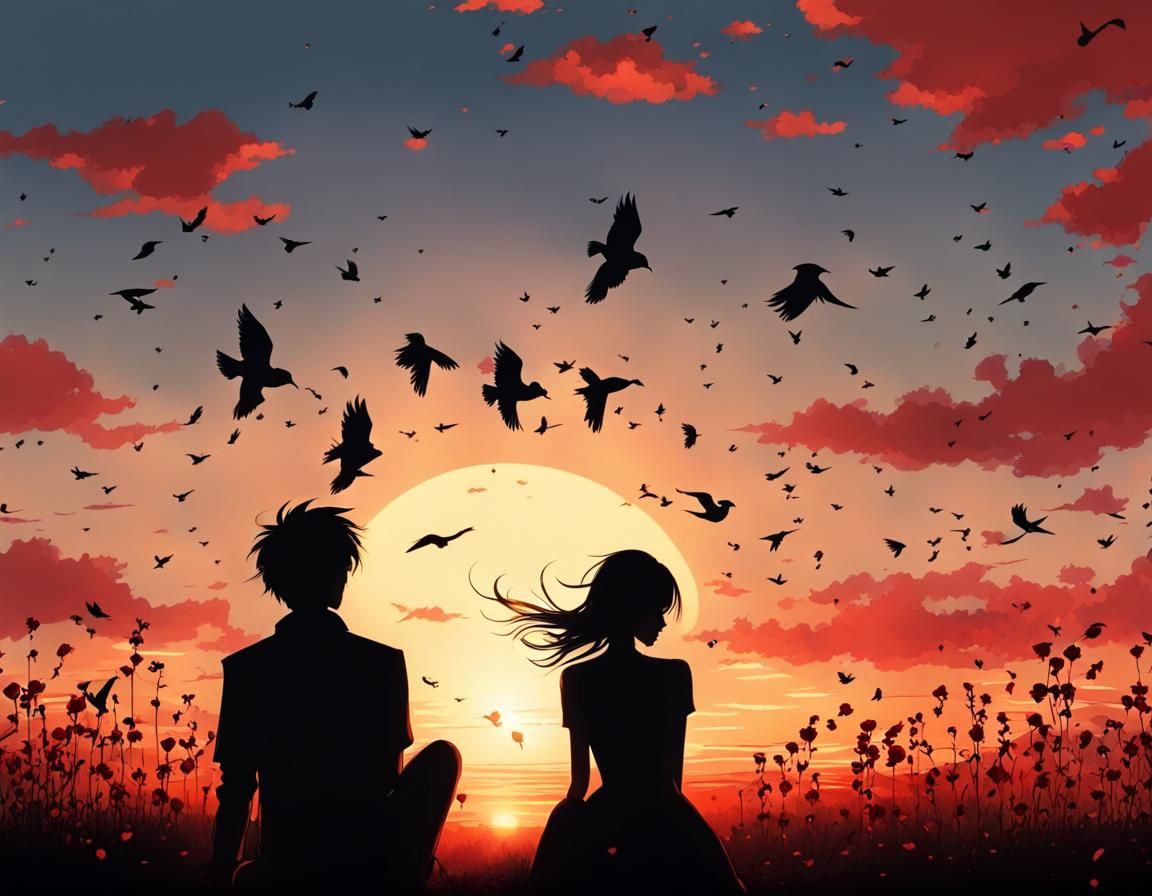 Poignant Anime Sunset with Silhouettes and Rose
