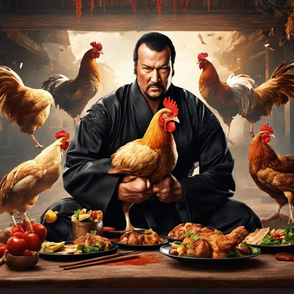 Martial Artist Versus Giant Chicken: Humorous Digital Art